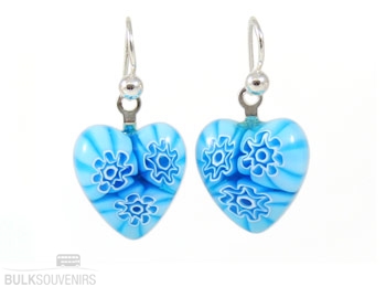 Aqua Flowers Millefiori Heart Charm Earrings