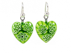 Green Flowers Millefiori Heart Charm Earrings