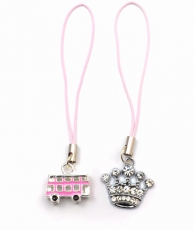 Set of 2 Pink London Bus & Diamante Crown Phone Charms