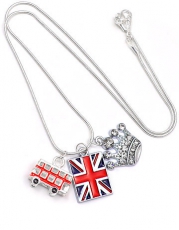 Red Bus, Diamante Crown & Union Jack Charm Necklace