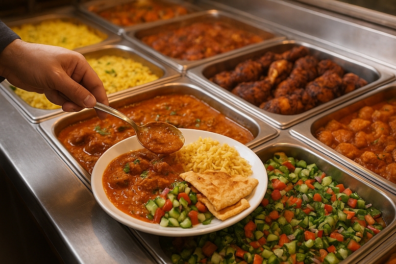 buffet spread with colorful dishes
